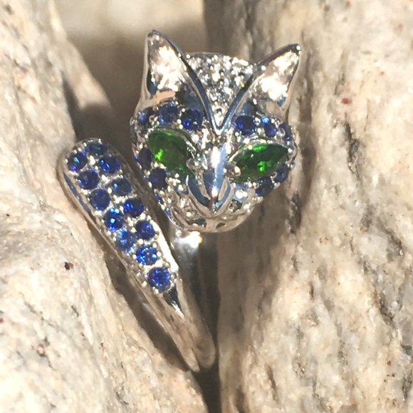 Limited Edition Jewelry - Genuine Sapphire Cat Ring w/ Chrome Diopside .925 Sterling Silver Real Gemstones
